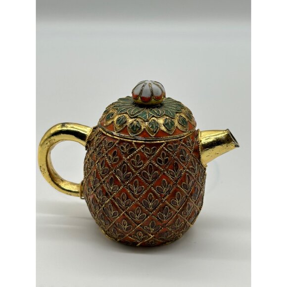 Vtg Pineapple Mini Teapot Cloisonne Enamel Colorful Tropical - Picture 6 of 9